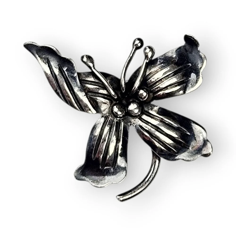 Vintage Orchid Brooch Silver Plated Flower Dimensional Oxidized Floral 1.25